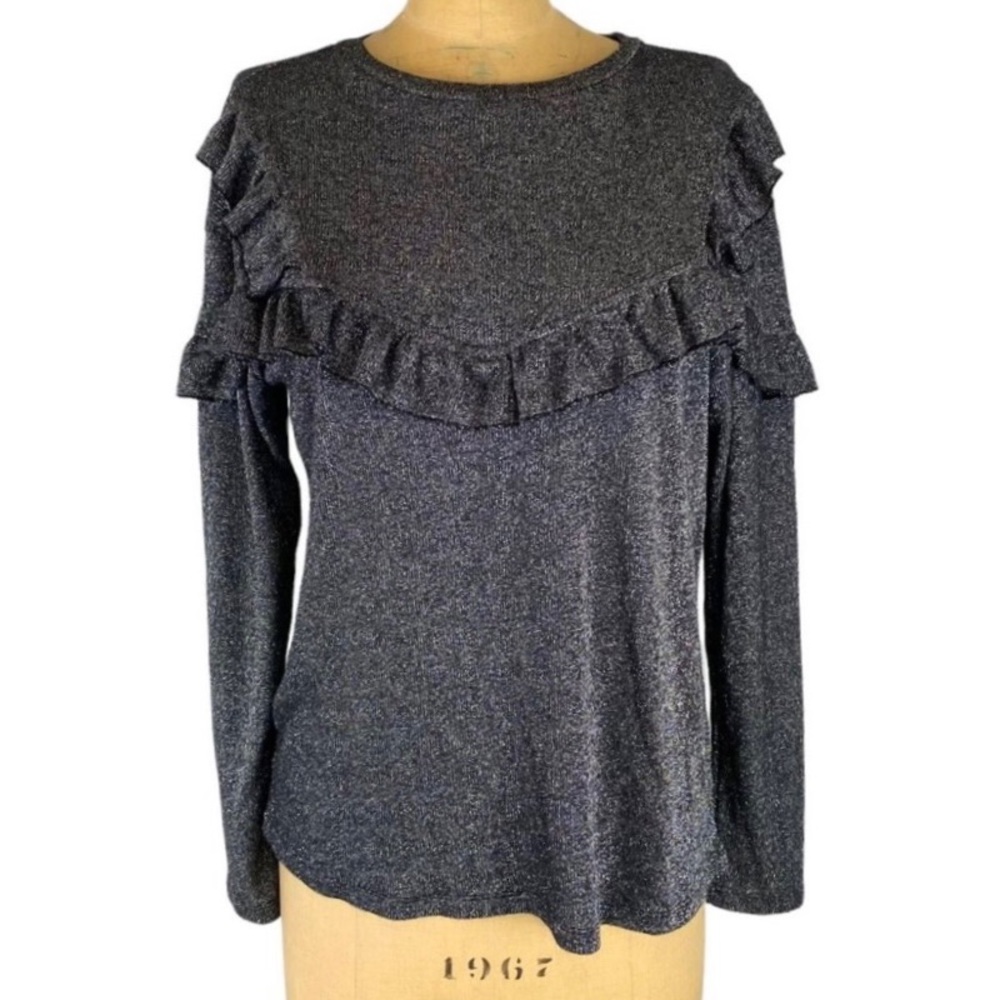 Zara Black/Silver Metallic Ruffled Detail Lightweight Sweater Size M